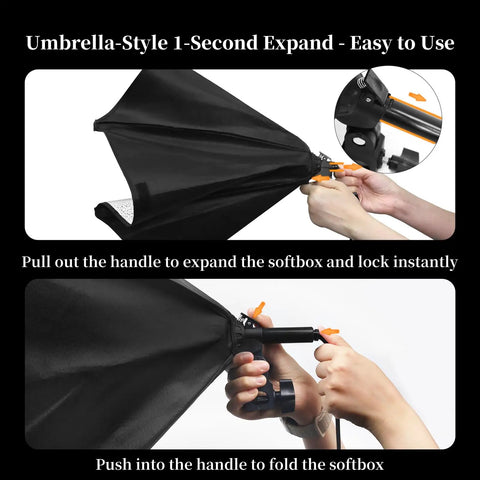 Hands demonstrating setup of Softbox Lighting Kit 16 By 16 Inch With Remote, showing umbrella-style expansion and folding mechanism.
