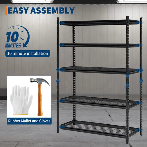 Five Tier Heavy Duty Adjustable Metal Garage Storage Shelves Black Steel Rack With Massive 2200 Pound Load Rating Featuring Badass Durability For Shop Tools And Hardware showing easy assembly with tools.