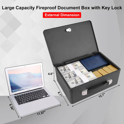 Open fireproof document box with key lock displaying passports, cash, gold bars; size 12.7 x 8.7 x 4.6 inches; carry handle visible.