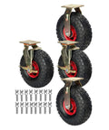Kickass Industrial Pneumatic Casters With Locking Brake Set Of 4 Smooth Rolling Rubber Wheels for Hand Trucks, 10 inch size with red accents.