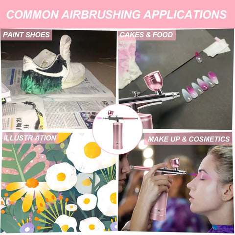 Rechargeable Cordless Airbrush Kit used in painting shoes, cakes, illustrations, and makeup application in four scenes.