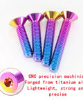 Premium Grade Five Titanium Countersunk Screws And Flat Head Bolts Four Pack M4 M5 M6 M8 assorted titanium fasteners in vibrant colors.