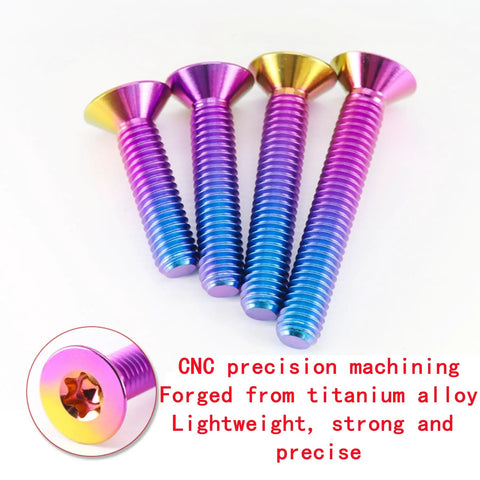 Premium Grade Five Titanium Countersunk Screws And Flat Head Bolts Four Pack M4 M5 M6 M8 assorted titanium fasteners in vibrant colors.