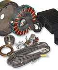 Heavy Duty Alternator Kit With Bulletproof Voltage Regulator And Street Proven Stator For Harley Flh And Flt Machines Years 2009 To 2010 Featuring Upgraded Compensator components laid out on a white background.