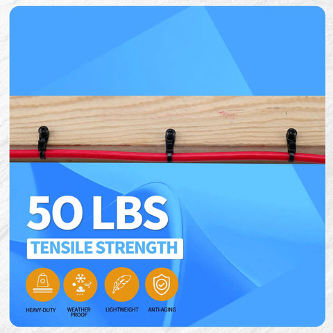 50 lb strength of 8 Inch Mountable Cable Zip Ties Kit With 200 Screws, mounted on wood with red cable, heavy duty nylon