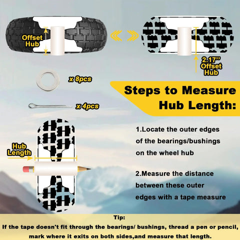 Diagram showing offset hub measurement for 13 Inch Flat Free Tire Set 4.00-6 With Puncture Resistant Polyurethane Foam and 5/8 Inch Bearings