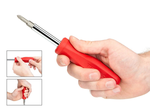 Six In One Phillips And Slotted Multi Bit Driver Kit With Handy Compact Handle And Nut Driver Bit Tube in user's hand