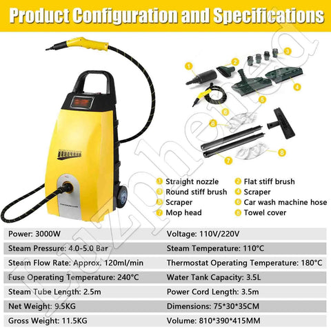Tritious 3000W High Pressure Steam Cleaner And Handheld Steamer with configuration specifications and included accessories.
