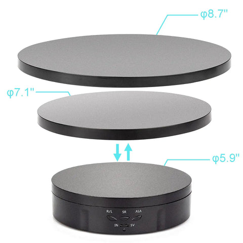 No Sweat Remote Rotary Turntable With Swappable Discs For Grab And Go Product Photography Smooth 360 Spin Display Stand showing three sizes of discs.