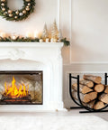 17 Inch Heavy Duty Firewood Rack Holder for Indoor and Outdoor Use next to a fireplace, sturdy metal log storage stand.