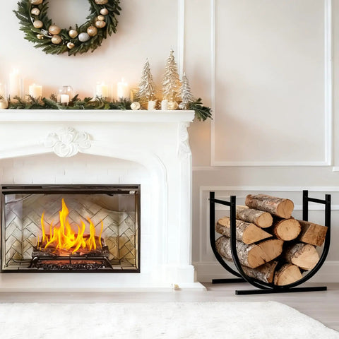 17 Inch Heavy Duty Firewood Rack Holder for Indoor and Outdoor Use next to a fireplace, sturdy metal log storage stand.