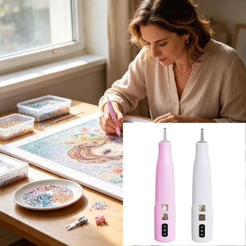 Badass Cordless Electric Pickup Pen With Reliable Vacuum Grip To Snag Loose Bits Zero Sweat For Desk Projects Plus Bright Light and Smooth Angled Tip For Crisp Workflows in pink with beads on a crafting table.