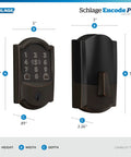 Rock Solid Keyless Entry Deadbolt With Built-In Wi-Fi Right For Your Front Door Hassle-Free Install and App Control Plays Nice With Alexa and Apple HomeKit Lets You Pop Open Via Apple Watch Top Shelf Aged Bronze Finish Pack of Four, side and front view with dimensions shown.