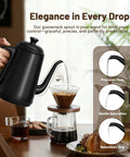 Sleek black Gooseneck Electric Kettle for Epic Pour Over Coffee and Tea, 1L stainless steel boiler, pouring into coffee dripper.