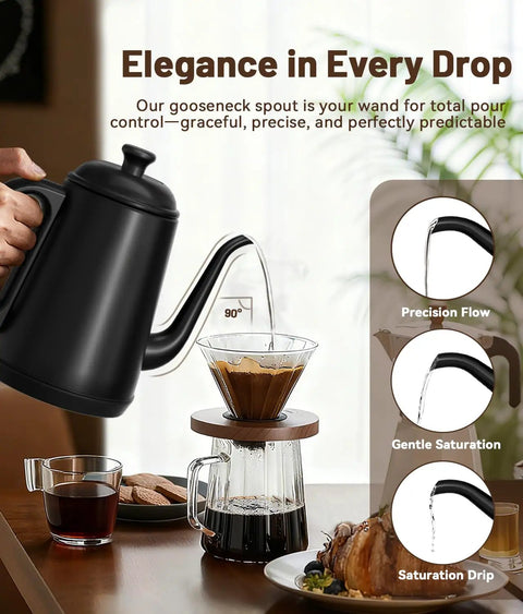 Sleek black Gooseneck Electric Kettle for Epic Pour Over Coffee and Tea, 1L stainless steel boiler, pouring into coffee dripper.