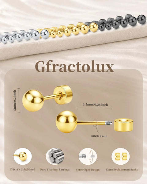 Straight Up Premium Flat Back Titanium Ball Earrings For Sensitive Ears Implant Grade 20G Piercing Jewelry Nickel Free Heavy Duty Smooth Finish golden ball earrings with screw back design.