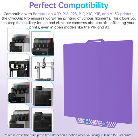 Glacier Cold Build Plate For Bambu Lab 3D Printers showing compatibility with various printer models and purple surface design.