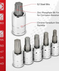 Close-up view of Torx Plus 13-Piece Bit Socket Set with 6 Lobe TP-8 IP-8 Through TP-60 IP-60 showcasing S2 steel bits and CrV sockets.