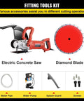 Fitting tools kit featuring 1800 Watt Electric Concrete Saw With 14 Inch Diamond Blade Wet Or Dry Circular Saw and accessories.