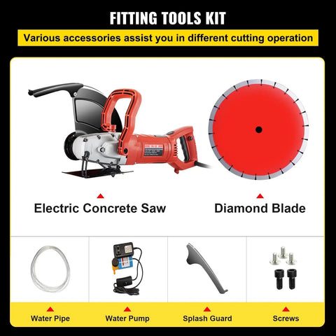 Fitting tools kit featuring 1800 Watt Electric Concrete Saw With 14 Inch Diamond Blade Wet Or Dry Circular Saw and accessories.