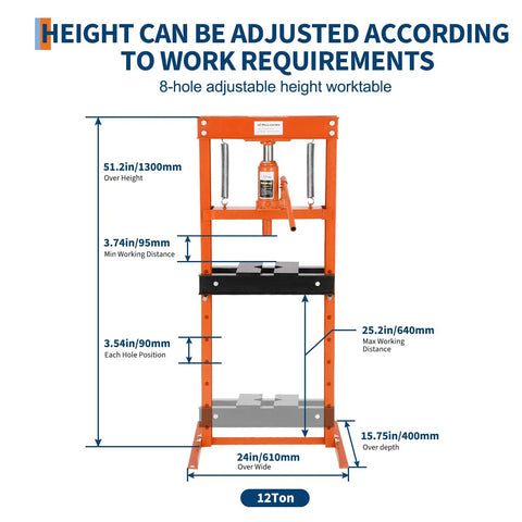 Diagram of Heavy Duty 12 Ton Hydraulic Shop Press With H Frame For Garage Floor Use, showing adjustable height dimensions.