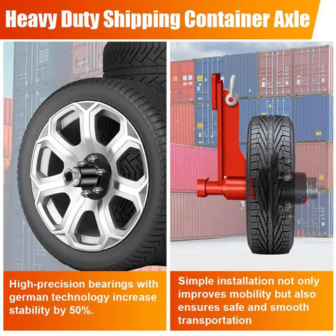 Upgrade 2 Pack 6 Lug Shipping Container Wheel Kit With 6x5.5 Inch Bolt Pattern Heavy Duty Axle displayed in front of shipping containers