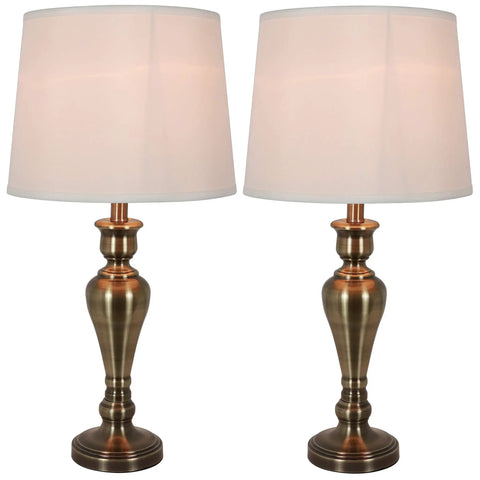 Two Pack Antique Brass Table Lamp Set Built Tough Metal Construction White Linen Hardback Shade And Touch Control Switch