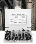 Pro Grade 120 Piece Blind Rivet Kit Made From Aluminum Alloy shown in plastic case with six sizes marked on lid.