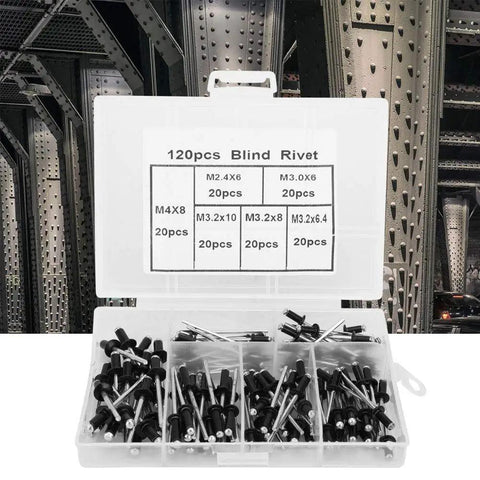Pro Grade 120 Piece Blind Rivet Kit Made From Aluminum Alloy shown in plastic case with six sizes marked on lid.