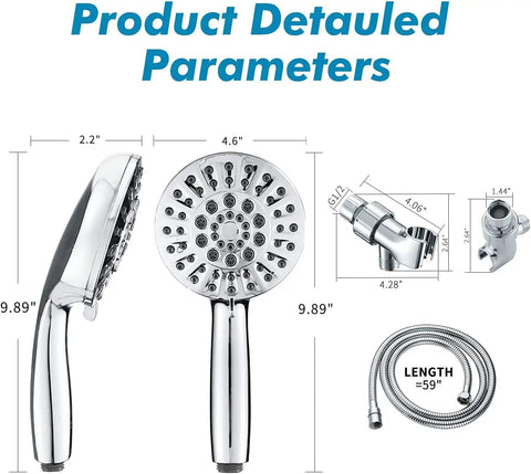 Diagram of High Pressure 6 Function Shower Head Set With Handheld And 80 Inch Hose In Chrome Finish highlighting dimensions.