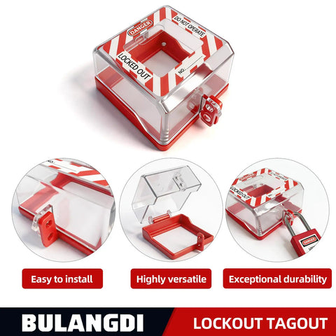 3 Pcs Total Lockout Box Type Transparent Emergency Stop Button Cover Heavy Duty OSHA Compliant Polycarbonate Switch Protector With BadAss Impact Resistance For Industrial Gear And Machinery Parts Protection, featuring clear cover and lock.