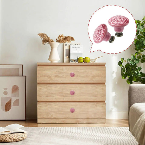 Premium Rose Red Ceramic Cabinet Knobs Set Of Eight Drawer Handles Featuring Rock Solid Zinc Alloy Base And Killer Embossed Glaze Finish For Quick Vintage Home Decor Upgrades on modern wooden dresser.