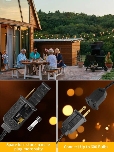 150 Ft Outdoor String Lights With Shatterproof G40 Bulbs illuminating a patio with people dining, connectors shown in detail