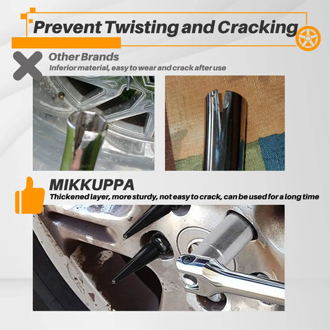 Comparison of spike lug nut socket keys highlighting durability and design, focusing on MIKKUPPA's tough chrome finish.