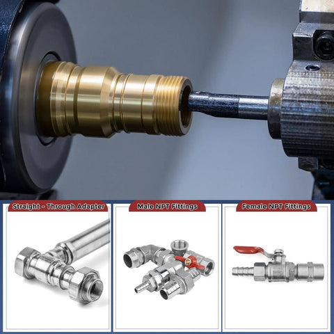 Close-up of industrial machinery and various NPT fittings, related to Two Pack 304 Stainless Steel Hose Barb Fittings From One And A Half Inch To Three Quarter Inch, Built To Last Heavy Duty Pro Grade Corrosion Resistant Barbed Connectors For Irrigation Systems, Pools, Spa Tubs, Home Equipment, And Outdoor Landscaping