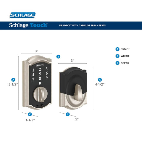 Diagram of Camelot Touch Deadbolt With Keyless Entry showing dimensions and aged bronze finish.