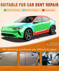 Multi-colored car panels illustrating repair suitability; green for easy, blue for hard, red for irreparable using Dent Puller Kit 3 Pack.