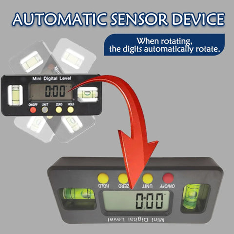 Mini Digital Level Gauge with automatic sensor, featuring easy-to-read screen and dual bubble levels for accurate alignment.