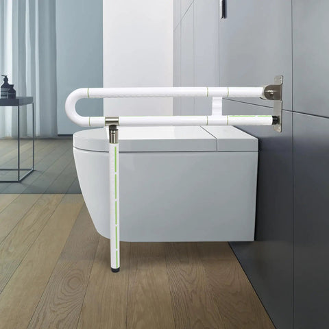 Heavy Duty 29.5 Inch Foldable Toilet Grab Bar With Flip Up Safety Rail and Foolproof Non Slip Handle for Seniors and Mobility Support Built Tough to Carry Up to 450 Lbs Smoothly, installed next to a toilet.