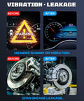 Before and after images showing Vibration and Leakage issues in vehicles, featuring dashboard warnings and brake components.