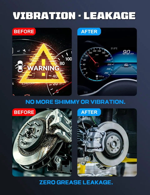 Before and after images showing Vibration and Leakage issues in vehicles, featuring dashboard warnings and brake components.