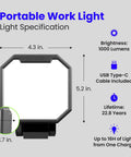 Ultra Bright 2000 Lumen Portable LED Work Light With 3 White Light Modes specification diagram, dimensions and features shown