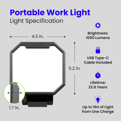 Ultra Bright 2000 Lumen Portable LED Work Light With 3 White Light Modes specification diagram, dimensions and features shown
