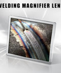 Close-up of Heavy Duty Polycarbonate Welding Helmet Magnifying Lens 2.0 Diopter Cheater Lens showing detail on metal work.