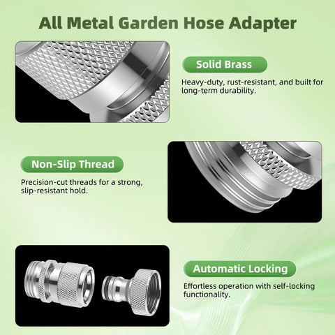 Solid Brass Garden Hose Quick Connector Kit Three Quarter Inch GHT Thread Fittings highlighting non-slip thread and automatic locking