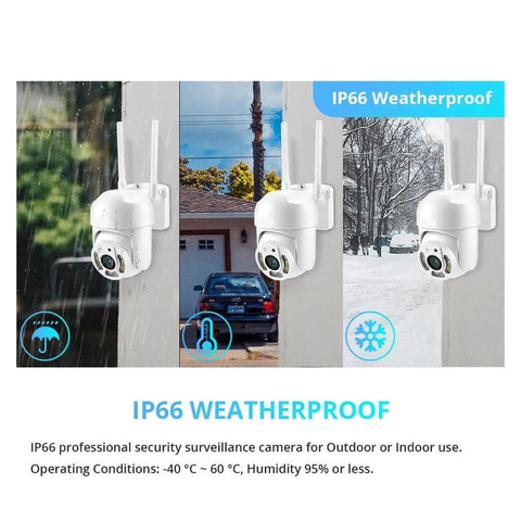 Beast Mode 4MP Outdoor WiFi PTZ Security Camera with 350 Pan and 90 Tilt plus 4X Zoom showcasing IP66 weatherproof design.