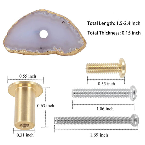 Set Of Four Top Shelf Natural Agate Cabinet Knobs With Burnished Gold Edges, showcasing measurement details and hardware accessories.