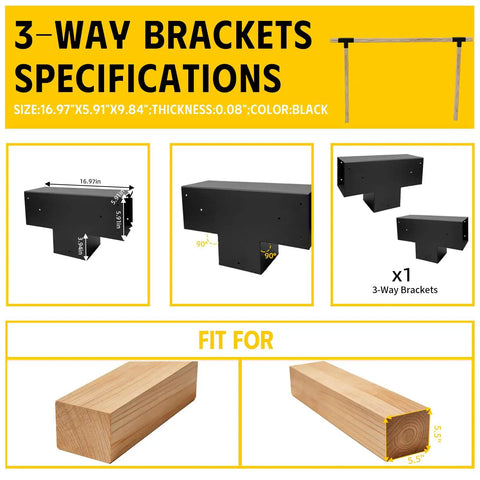 Heavy Duty 3 Way T Shaped Pergola Brackets Kit For 6x6 Wood Beams DIY Outdoor Patio Gazebo And Log Cabin Projects With Hardware Galvanized Steel And Matte Black Finish For Lasting Strength