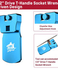 1/2" Drive T-Handle Socket Wrench with chamfer size adjustment knob, blue aluminum design for precise fittings.