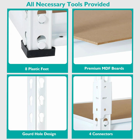 White 5 Tier Metal Storage Shelves 31.5 By 15.75 By 72 Inches Adjustable Utility Rack features tools, plastic feet, MDF boards, connectors.